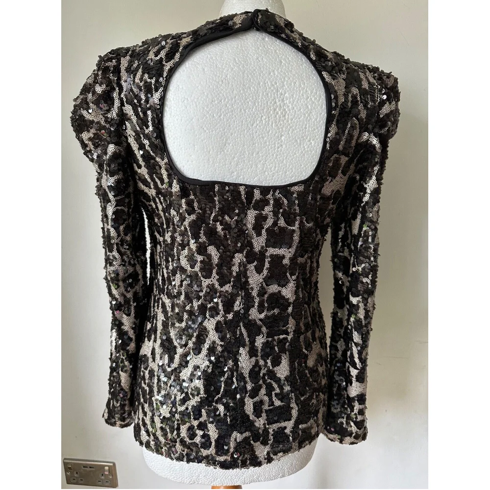 VERY Sequin Puff Shoulder Cut Out Back Blouse Size 8 Lined - Picture 4 of 5